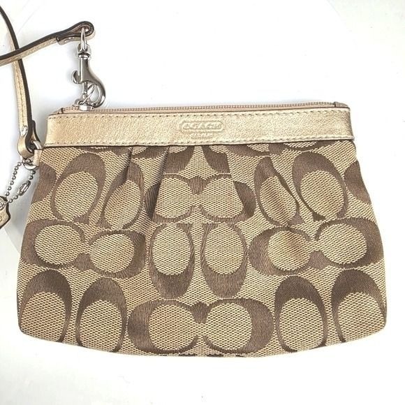 Coach Handbags - Coach Brown Gold Clutch Wristlet Coin Pouch Purse Small Canvas Jacquard Leather